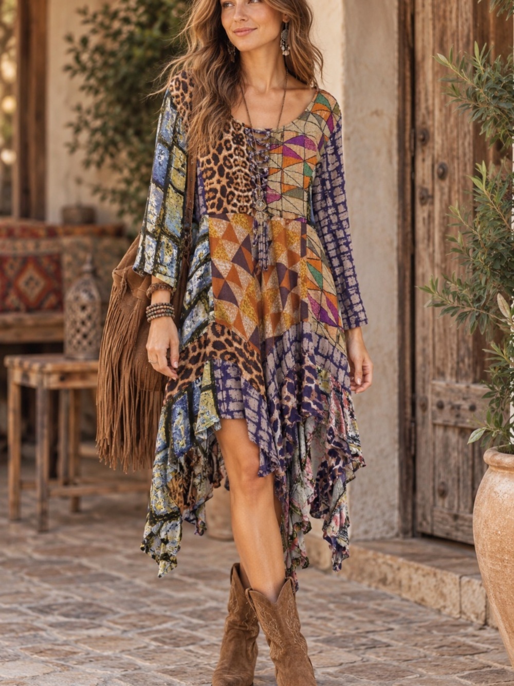 Mini dress/tunic L/XL patchwork long sleeves laces asymmetric hem smocking